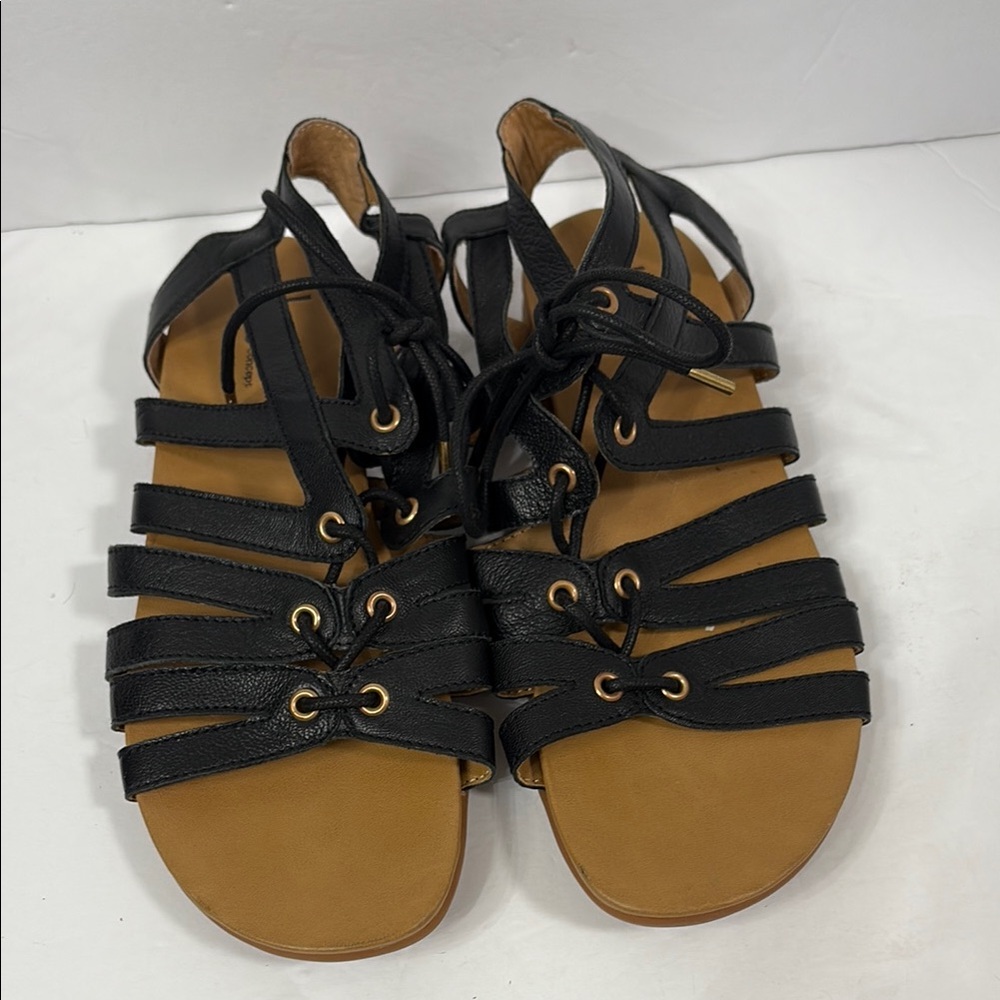 Born BOC Women Sandal Sz 9 Black Lace Up Leather Shoe Ankle Strap Open Toe Flat